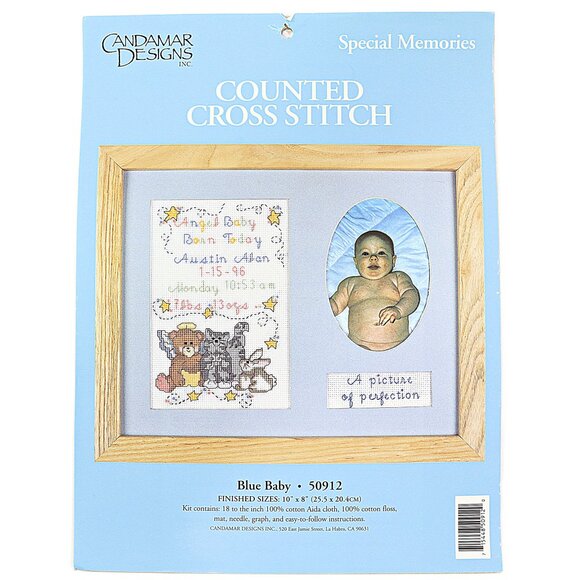 Candamar Designs Baby Birth Announcement Counted Cross Stitch Kit Blue with Mat - Picture 3 of 5